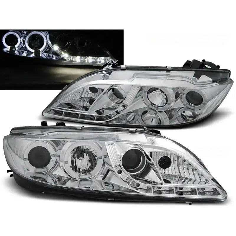 Frontlykter Mazda 6 08.02-08.07 Chrome med klare glass og sølvdetaljer, LED-lys tent i mørket.