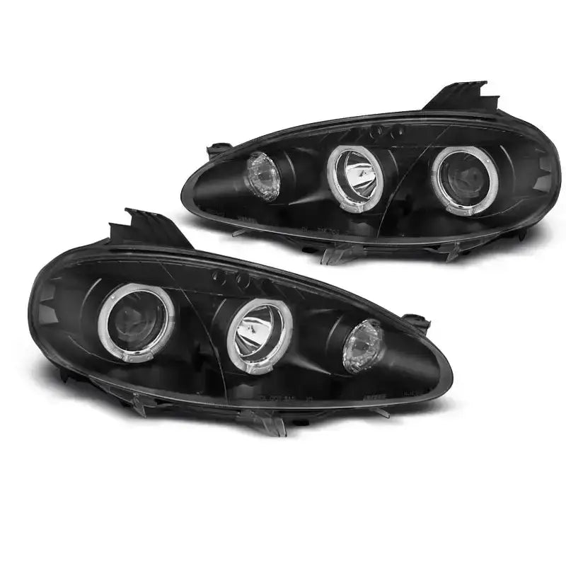 Frontlykter Mazda MX5 01-05 Angel Eyes Black med svart innramming og sirkulære reflektorer.