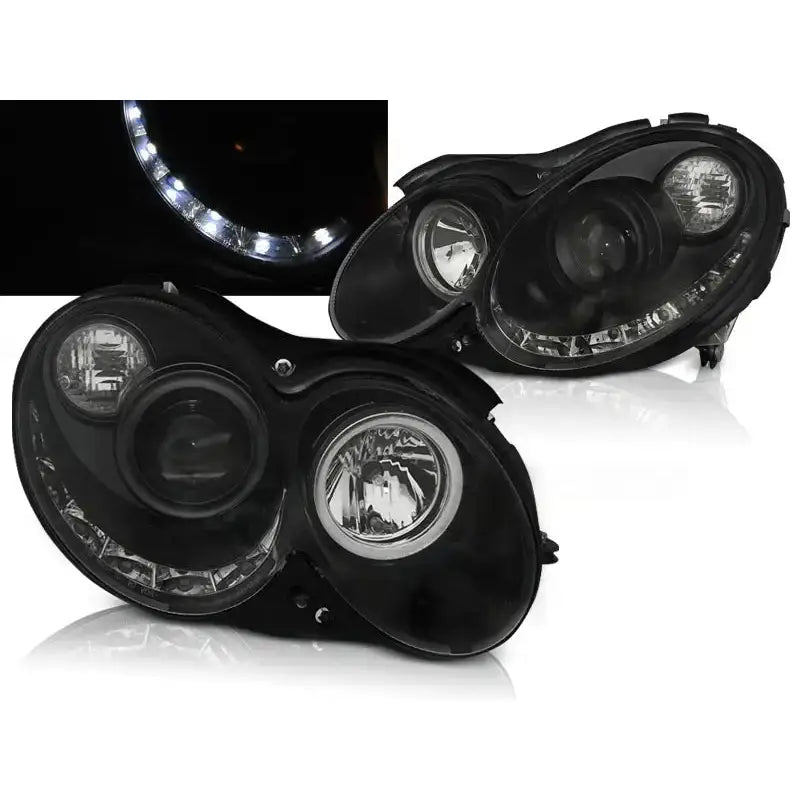 Frontlykter Mercedes CLK W209 03-10 Black med rund design og integrert hvit LED-lysring.