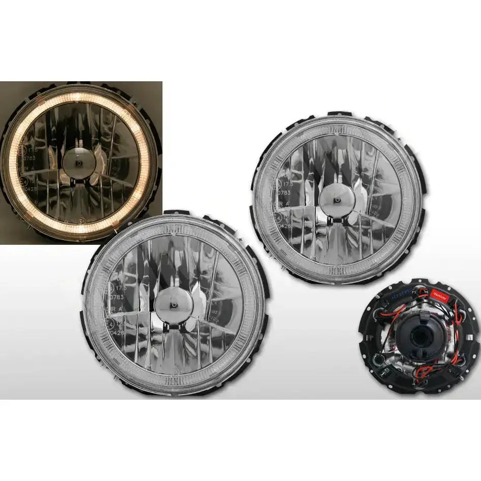 Frontlykter Mercedes Geländewagen 79-06 med klart glass, sølv reflektor og tent LED-lysring.