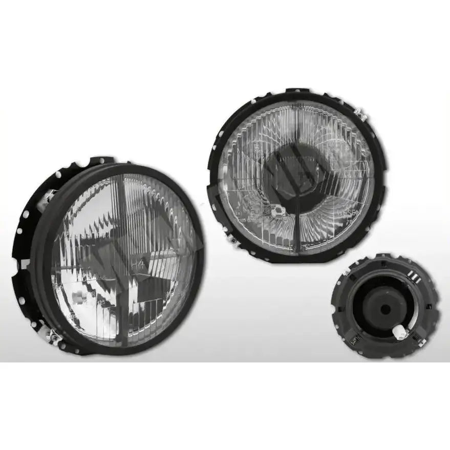 Frontlykter Mercedes Geländewagen 79-06 med svart ramme, sett forfra, skrått og bakfra.