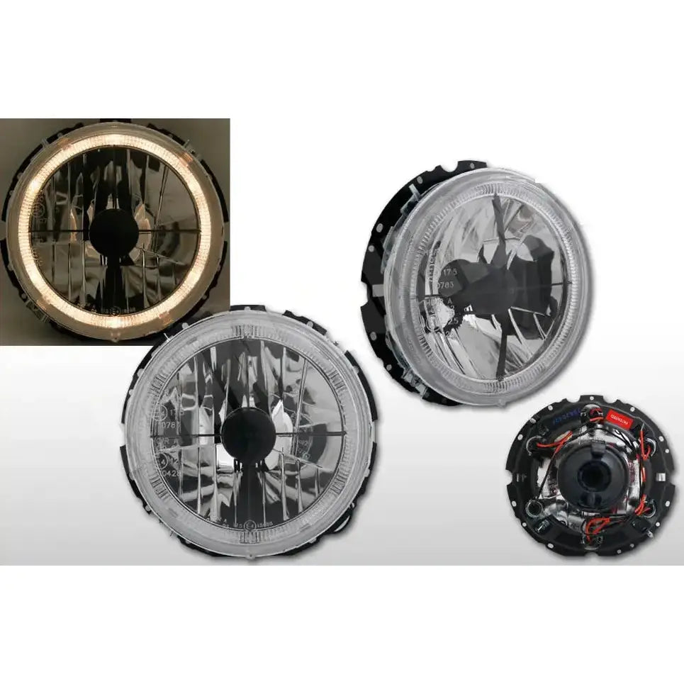 Frontlykter Mercedes Geländewagen W460 W461 W463 med klare linser, kromdetaljer og opplyst LED-ring.