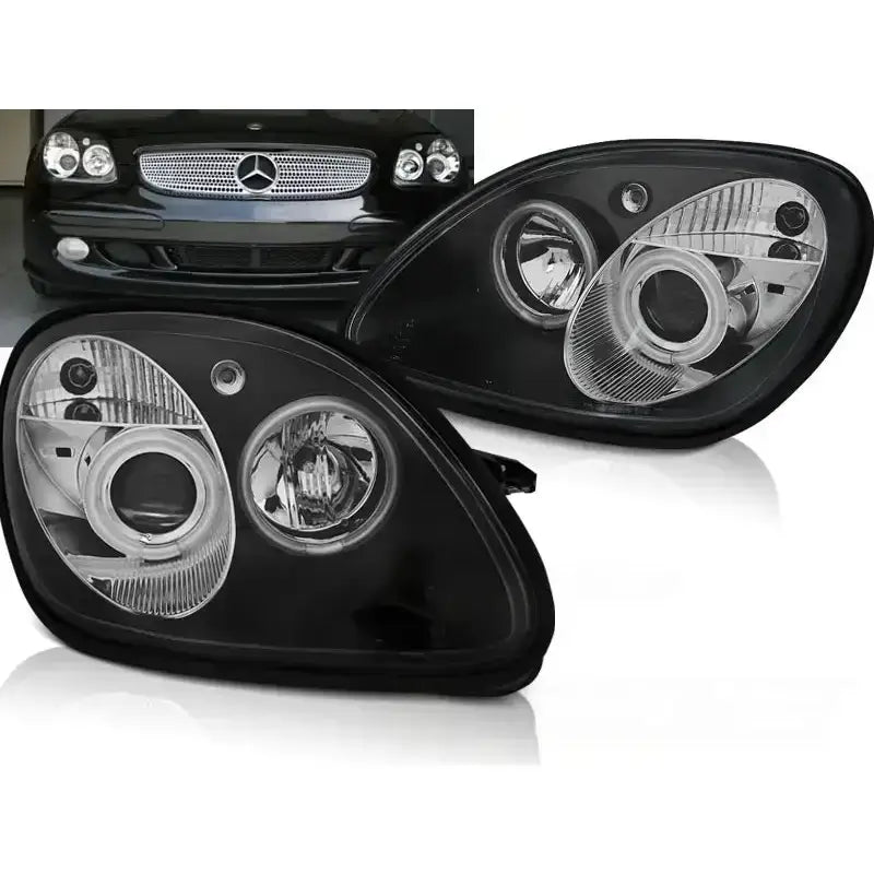 Frontlykter Mercedes R170 SLK Angel Eyes Black med klare linser og kromdetaljer, sett fra skrå frontvinkel.