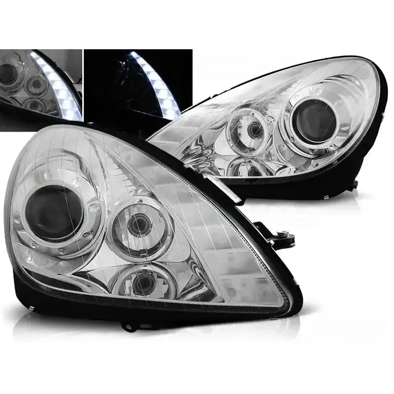 Frontlykter Mercedes R171 SLK 04-11 i chrome, nærbilde med LED-lysstripe og sort hus.