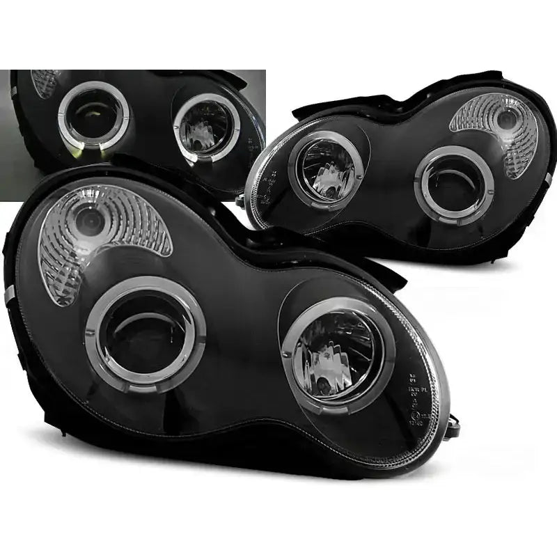 Frontlykter Mercedes W203 C-Klasse Angel Eyes Black med runde linser og kromdetaljer, nærbilde.