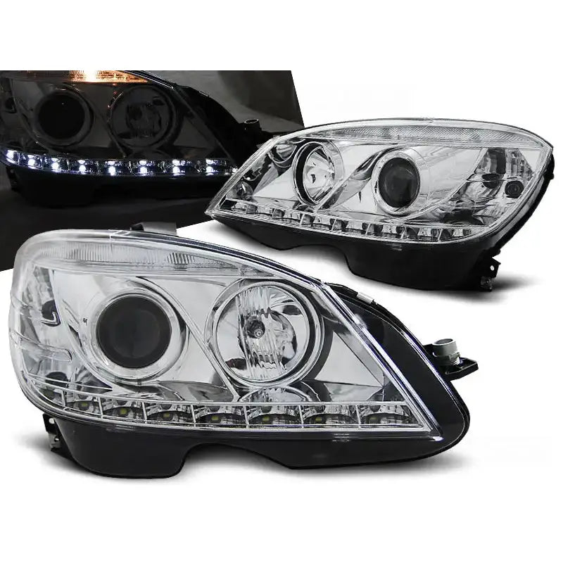 Frontlykter Mercedes W204 07-10 Chrome H7 med LED-list og detaljert reflektordesign.