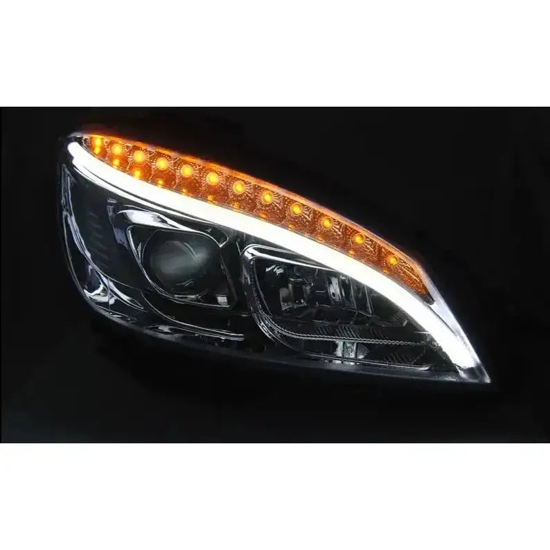 Headlamp Mercedes W204 07-10 chrome tube light H7 med oransje LED-lysrekke og hvit lyslinje.