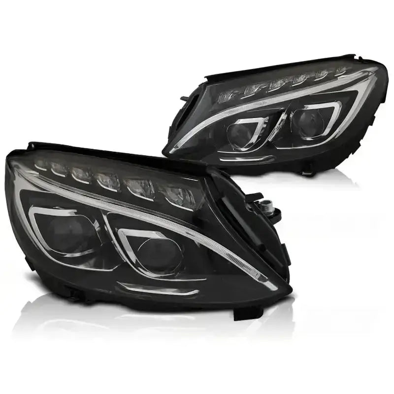 Hovedlykter Mercedes W205 14-18 Black LED DRL med sorte hus, kromdetaljer og moderne design.