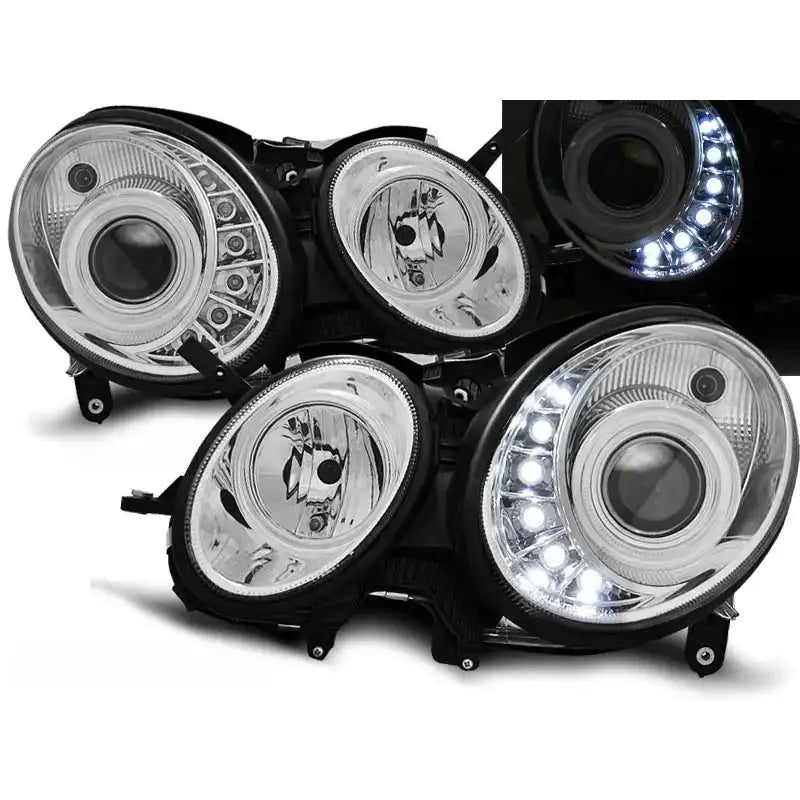 Frontlykter Mercedes W211 E-Klasse med klare linser, sorte detaljer og LED-lysring sett forfra.