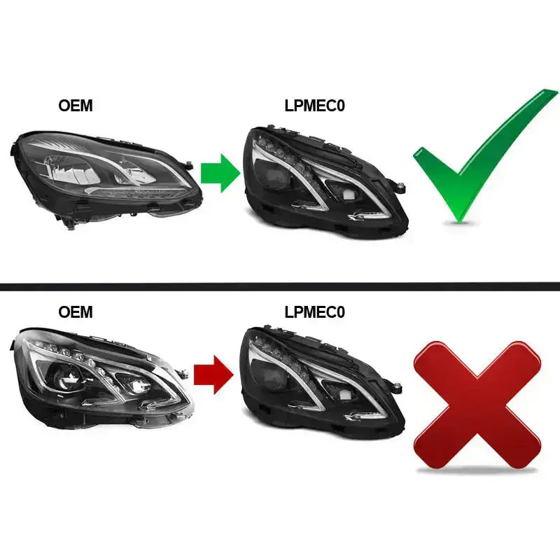 Headlamp sammenligning av Mercedes W212 13-16 Black Led DRL frontlykter, riktig og feil erstatning vises.