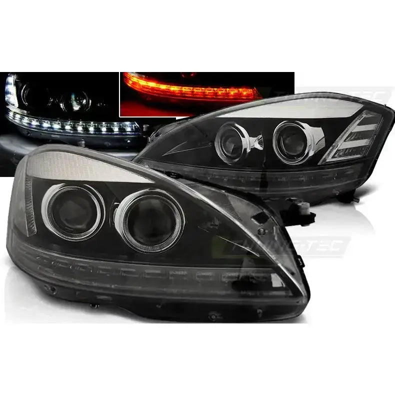 Frontlykter Mercedes W221 05-09 Daylight HID Black med LED-striper, vist fra skrå vinkel.