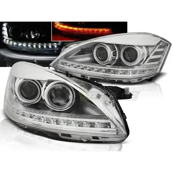 Frontlykter Mercedes W221 05-09 Daylight HID Chrome med LED-linje, sett fra skrå vinkel.