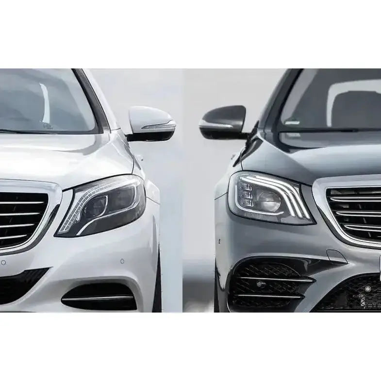 Headlamp sammenligning av Mercedes W222 13-17 Black Led på hvit og grå bil, frontvisning.
