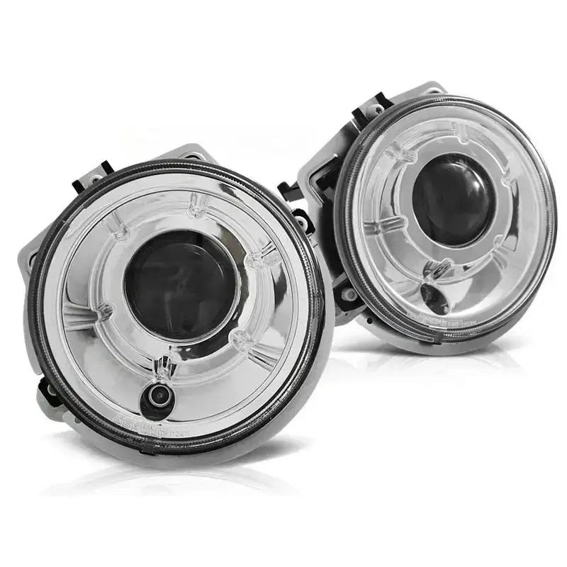Frontlykter Mercedes W461,W463 G-Klasse 92-06 med krom, runde med klar linse og sorte detaljer.
