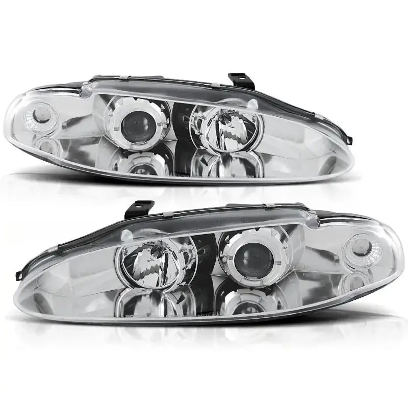 Hovedlykter Mitsubishi Eclipse 06.95-96 Angel Eyes Chrome med runde reflektorer og sorte kanter.