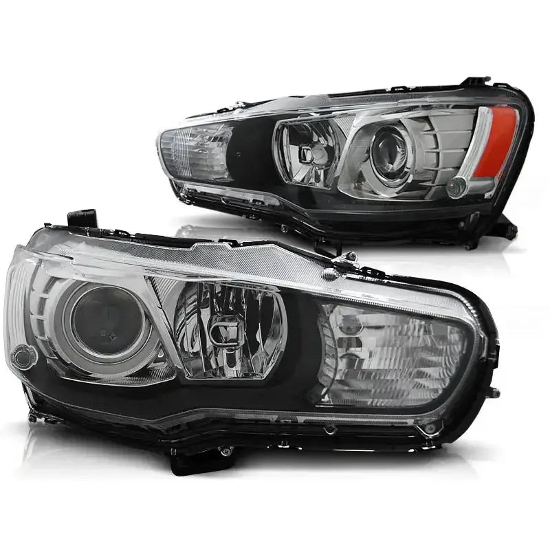 Frontlykter Mitsubishi Lancer 8 2008- Xenon Look med klart glass og sorte detaljer, skrå vinkel.
