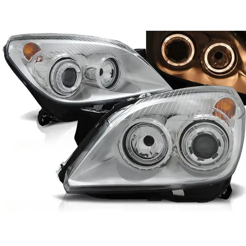 Frontlykter Opel Astra H Angel Eyes Chrome med doble sirkulære lys og oransje reflektor.