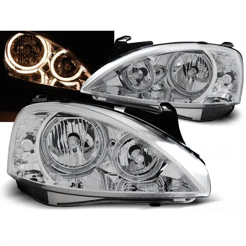 Frontlykter Opel Corsa C Angel Eyes Chrome med klare glass og kromdetaljer, LED-lysringene lyser.