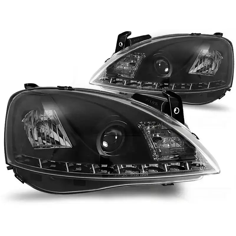 Hovedlykter Opel Corsa C Black Led med klare linser og blanke reflektorer, sett fra vinkel.