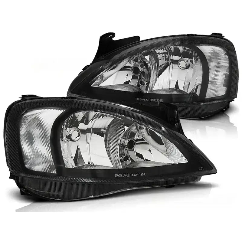 Frontlykter Opel Corsa C Black W5W med klar plast, sort innramming og reflekterende innside.