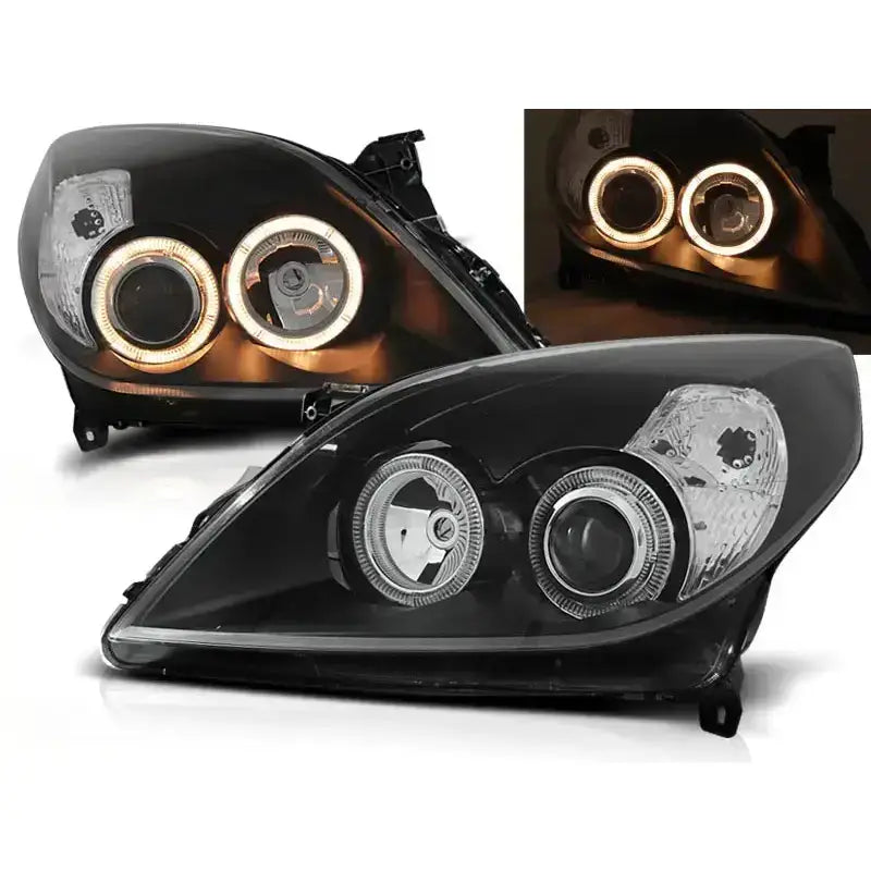 Frontlykter Opel Vectra C Angel Eyes Black med dobbel linse og LED, sett fra skrå vinkel.