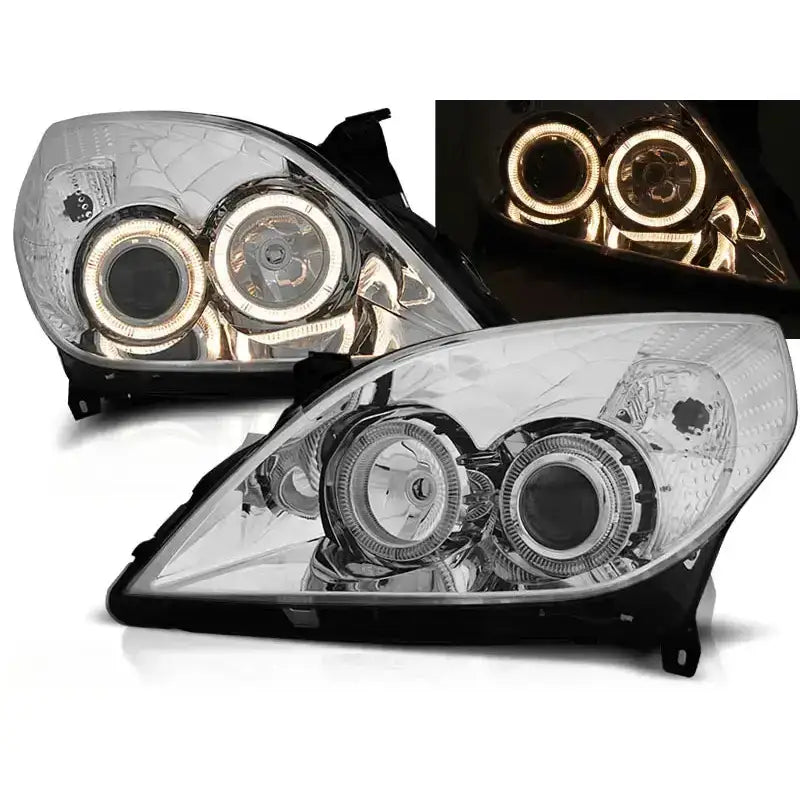 Frontlykter Opel Vectra C Angel Eyes Chrome med LED-lysringer, svarte detaljer og klart glass.