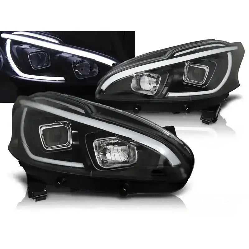 Frontlykter Peugeot 208 Tube Light Black med svart hus og hvit LED-stripe, tent i mørket.