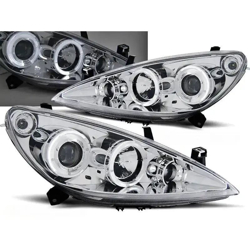 Frontlykter Peugeot 307 Angel Eyes Clearglass Chrome sett fra skrå vinkel med kromdetaljer.