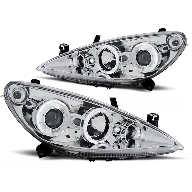 Hovedlykter Peugeot 307 Angel Eyes Clearglass Chrome med runde reflektorer, skrå vinkel.