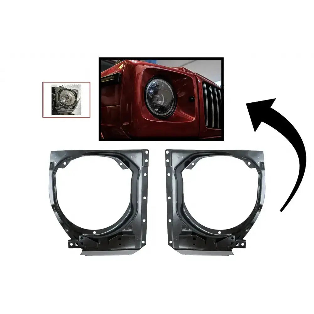 Hovedlykter rammer Mercedes W463 G-Klasse sorte firkantede metallrammer sett ovenfra med åpninger og hull.