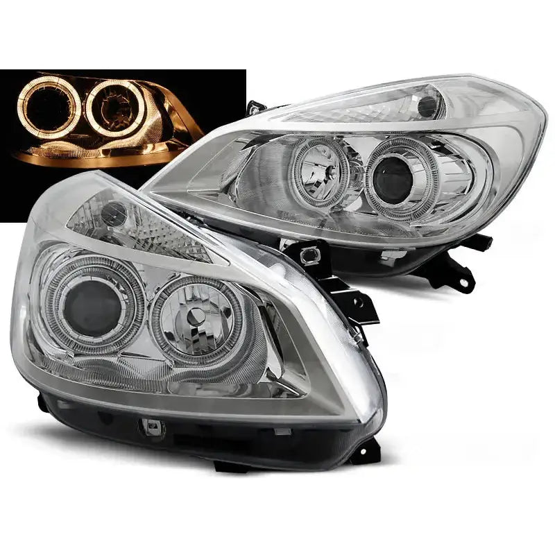 Frontlykter Renault Clio 3 05-09 Chrome Angel Eyes med runde projektorlinser og markeringsringer.