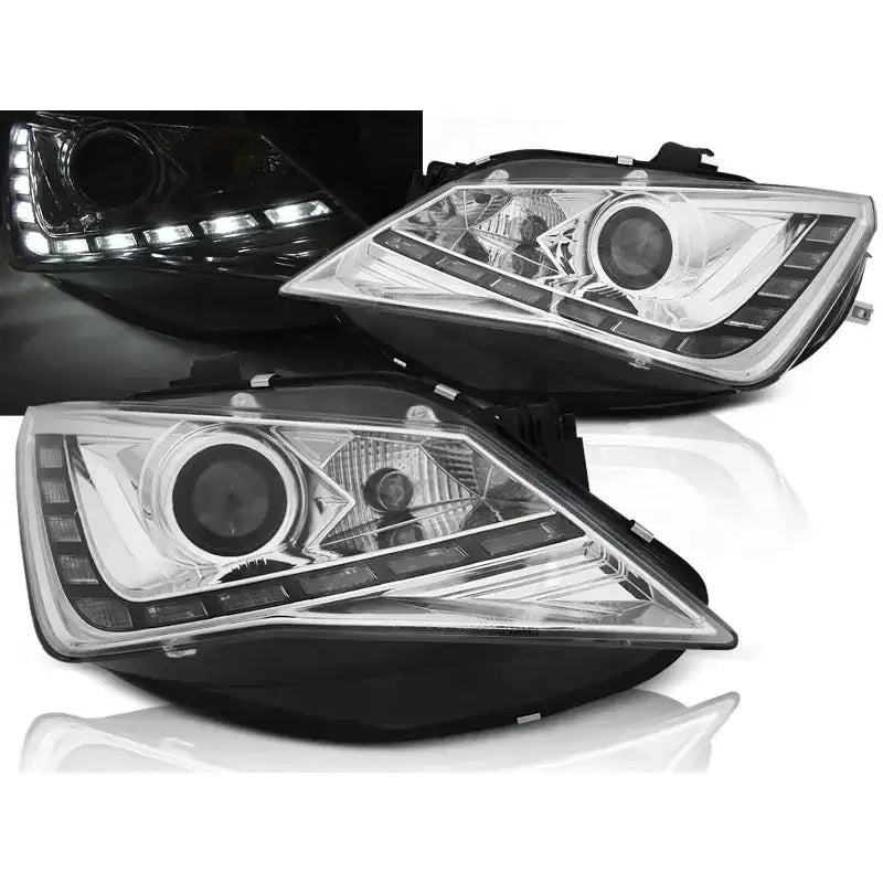 Frontlykter Seat Ibiza 6J 12- Tru DRL Chrome med LED-lysrekke og moderne design sett forfra.