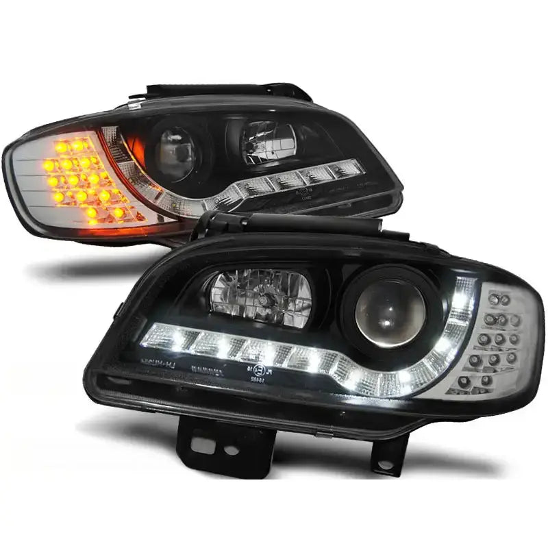 Hovedlykter Seat Ibiza/Cordoba 09.99-03.02 Black med LED-kjørelys og blinklys, svarte hus.