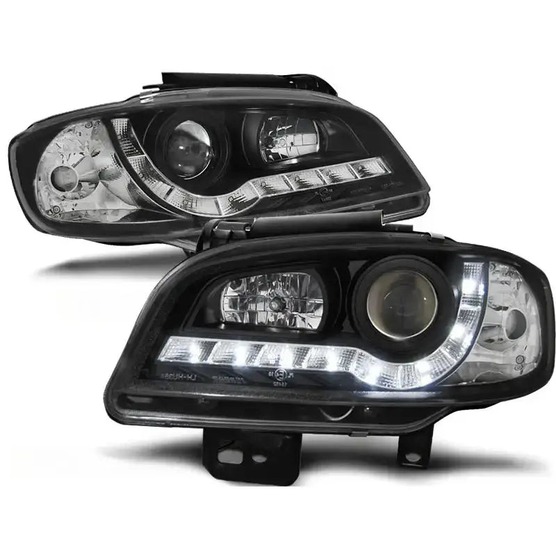 Hovedlykter Seat Ibiza/Cordoba 09.99-03.02 Black Led sett fra skrå vinkel med LED-lysstripe.