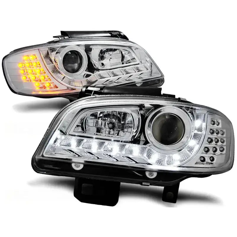 Hovedlykter Seat Ibiza/Cordoba 09.99-03.02 chrome med tent LED og blinklys, klart glass og kromdetaljer.