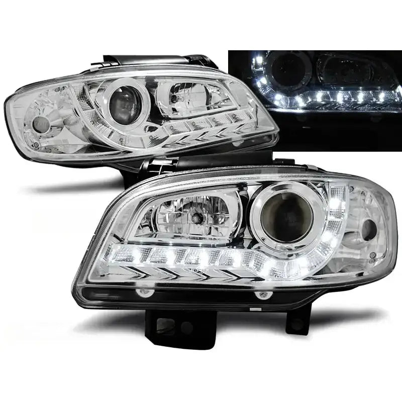 Frontlykter Seat Ibiza/Cordoba 09.99-03.02 Chrome Led med LED-lysstripe, vist fra skrå vinkel.