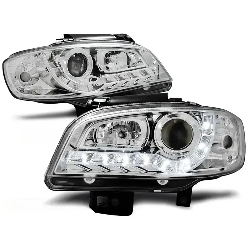 Hovedlykter Seat Ibiza/Cordoba 09.99-03.02 i chrome med LED, sett fra skrå vinkel.