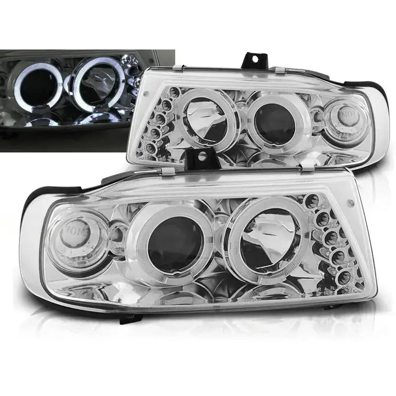 Frontlykter Seat Ibiza Cordoba Polo Variant 93-99 i krom med klare linser og hvite LED-ringer.