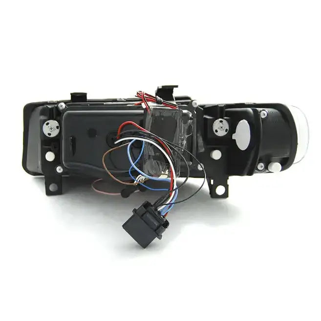 Headlights Seat Leon Toledo Angel Eyes CCFL Chrome sett bakfra med synlige ledninger og monteringsfester.