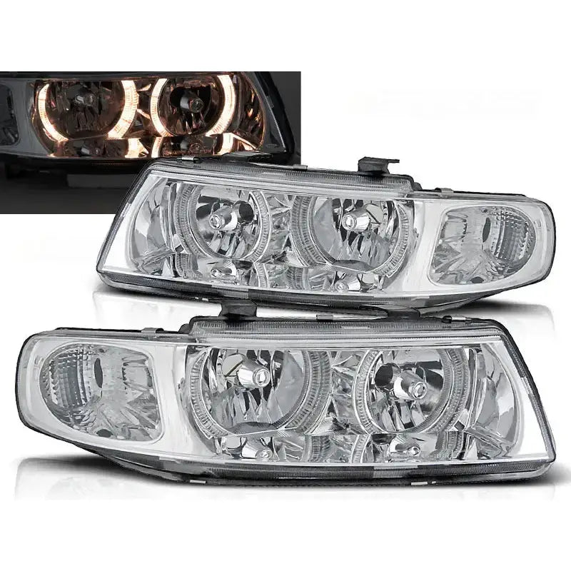 Frontlykter Seat Leon Toledo 04.99-08.04 Angel Eyes Chrome sett med kromdetaljer og oransje lys.