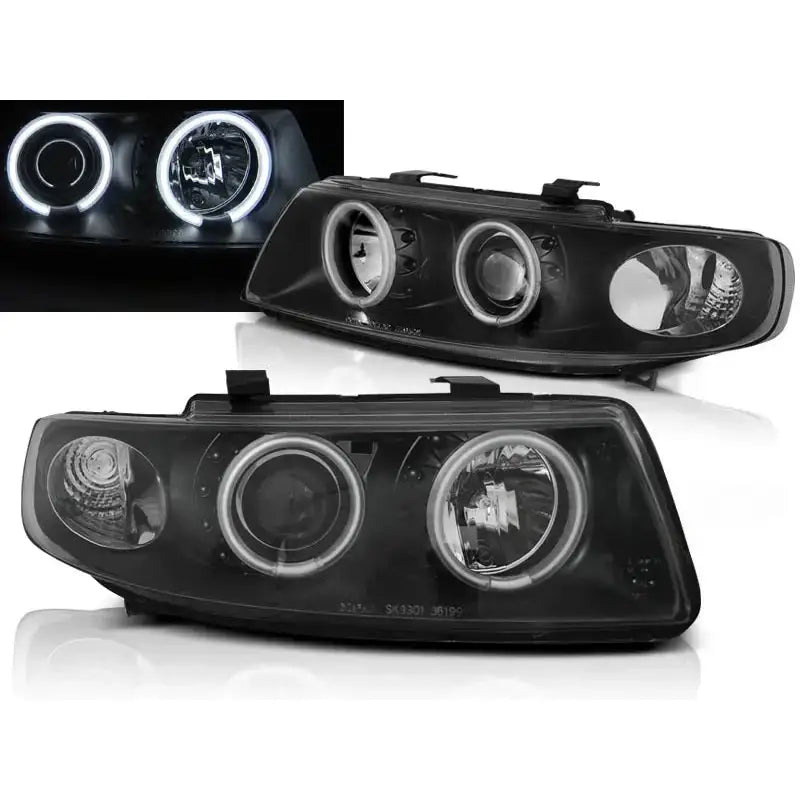 Frontlykter Seat Leon Toledo 04.99-08.04 svarte med doble runde lamper og opplyste LED-ringer.