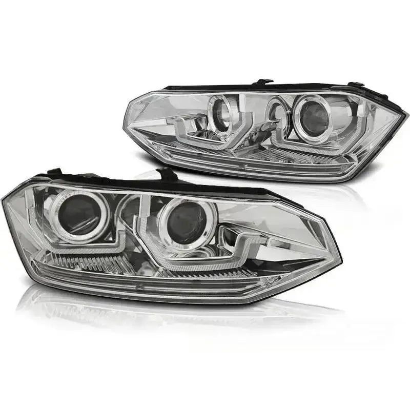 Frontlykter SEQ Led Chrome til Volkswagen Polo VI med to runde reflektorer og kromdetaljer.