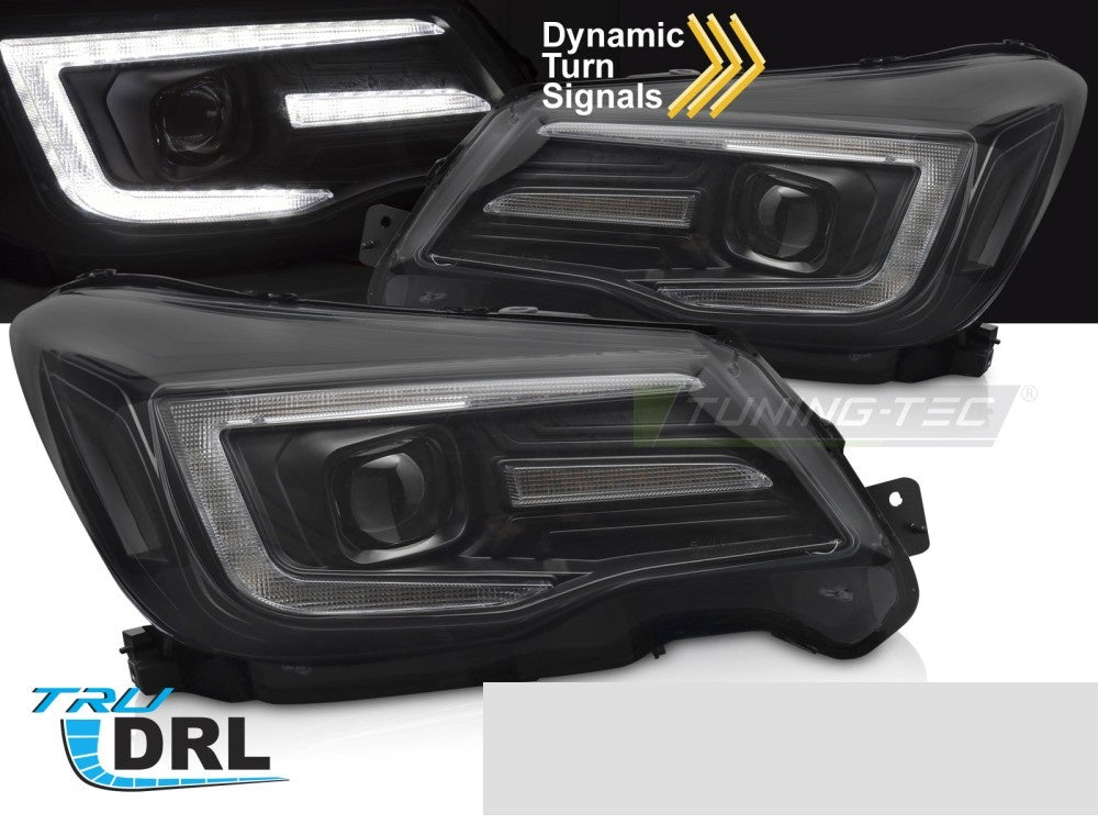 Svarte frontlykter med LED-lysstripe dagkjørelys til Subaru Forester IV nærbilde