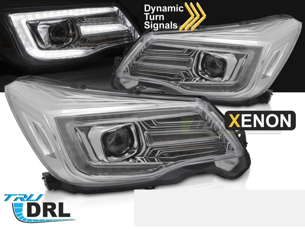 Krom frontlykter med DRL tube light til Subaru Forester SJ nærbilde av lysdesign