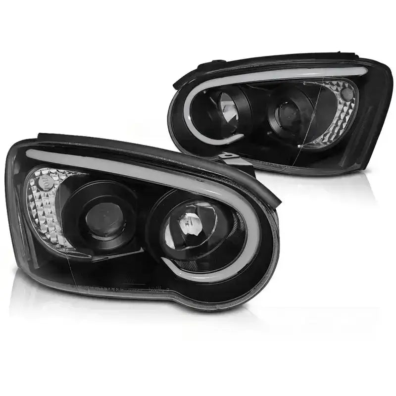 Frontlykter Subaru Impreza II GD 03-05 Tube Light Black med LED-striper og sorte lykthus.
