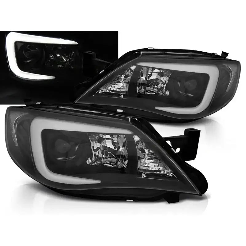 Frontlykter Subaru Impreza III GH 07-12 Tube Black med LED-lysstripe og reflektordetaljer.