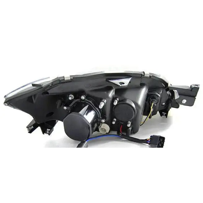 Headlights Subaru Impreza III GH 07-12 Tube Black HID sett bakfra med ledninger og tilkoblinger mot hvit bakgrunn.