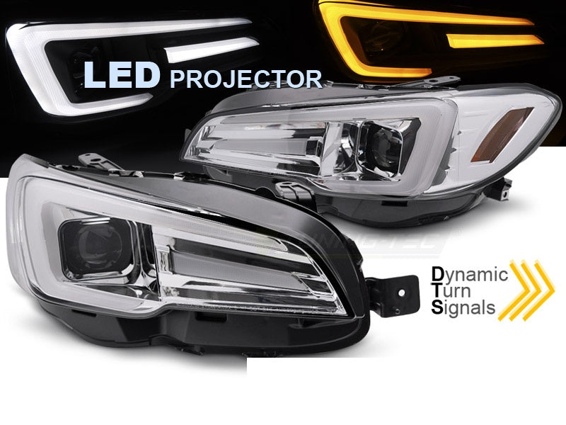 Subaru WRX LED frontlykter med dagtidskjørelys krom innside nærbilde