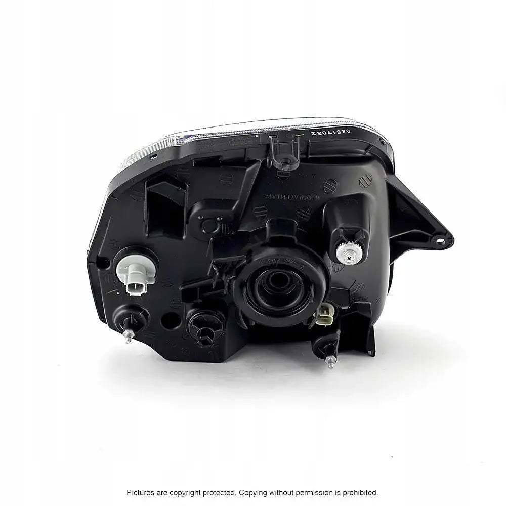 Headlamp bakside av Suzuki Jimny 98-05 frontlykt med tilkoblingspunkter og festeskruer synlige.