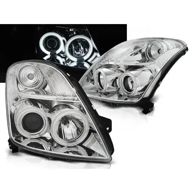 Frontlykter Suzuki Swift 05.05-10 med klart glass, runde projeksjonslinser og kromdetaljer, LED-ringer tent.